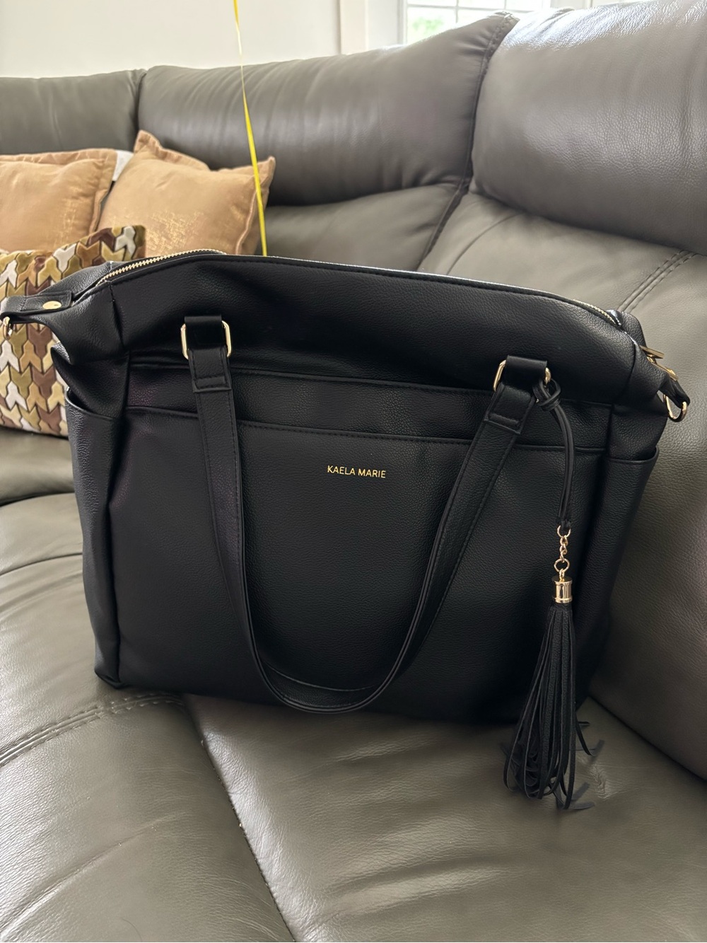 Black Leather Tote Bag with Tassel